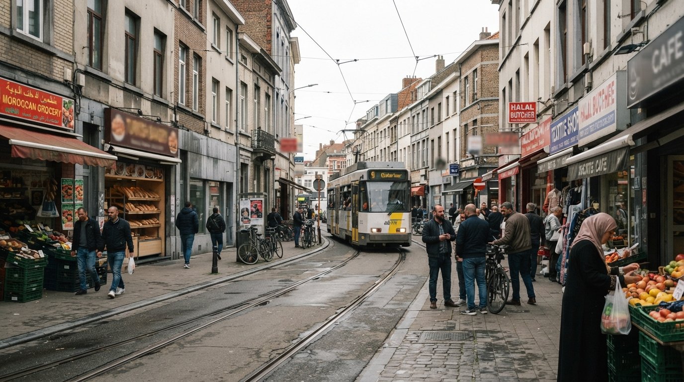 the Turnhoutsebaan in Borgerhout at street level, Moroccan grocers and Turkish bakeries under plain shopfronts, tram tracks cutting through the gritty main strip
