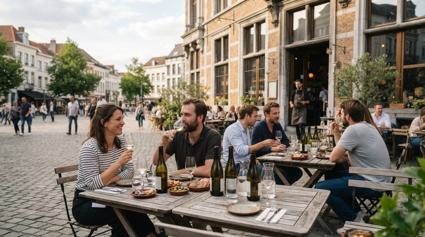 Glou Glou on Moorkensplein in Borgerhout, terrace tables set for natural wine and shared small plates in soft afternoon light