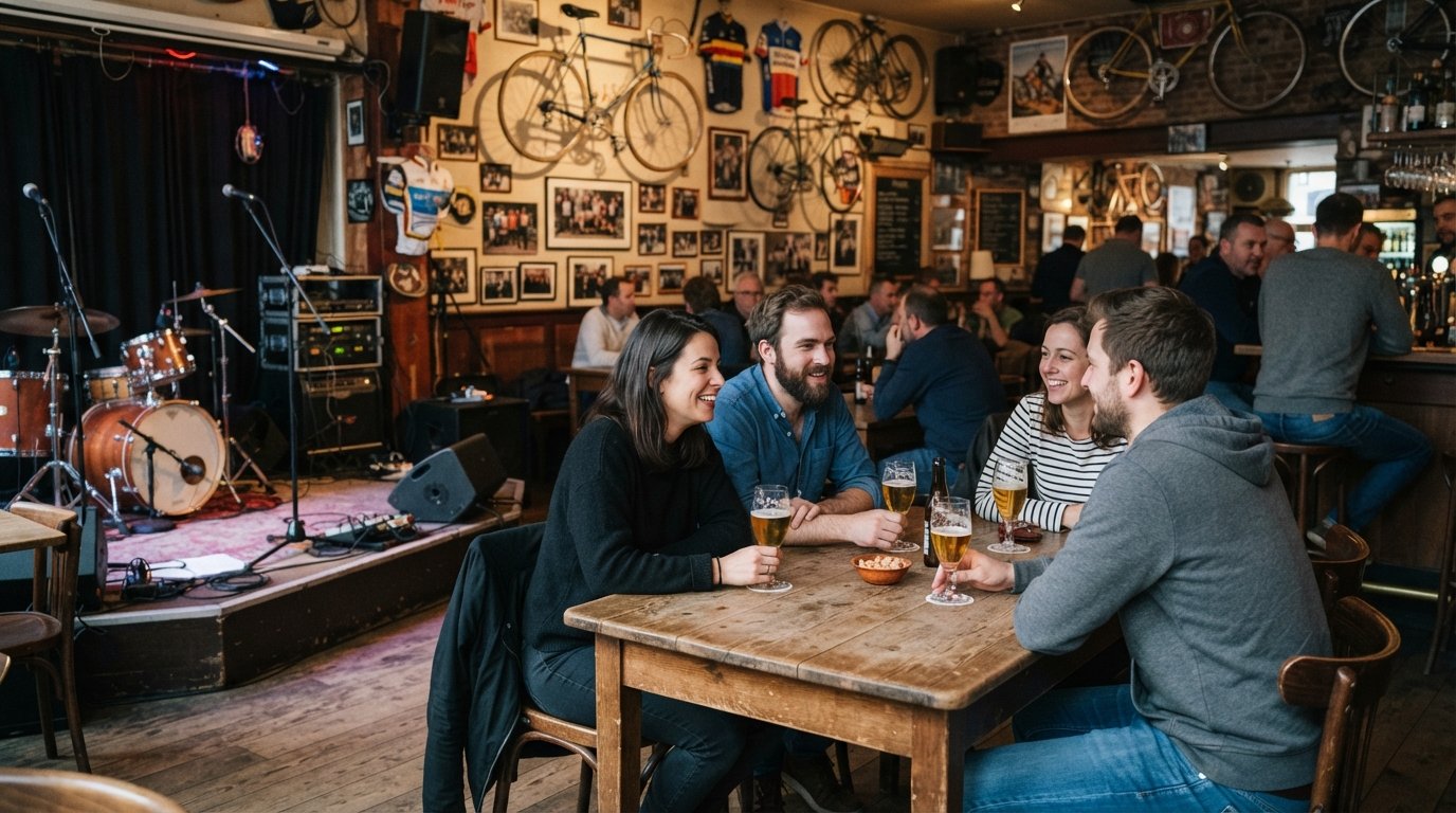 Café Mombasa on Moorkensplein, bicycle memorabilia on the walls, beer glasses on the table and a small live stage ready for a band