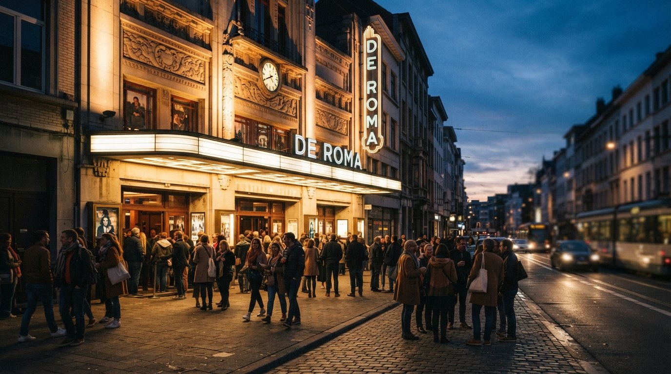 the façade of De Roma on the Turnhoutsebaan at dusk, Art Deco signage glowing before a concert crowd arrives