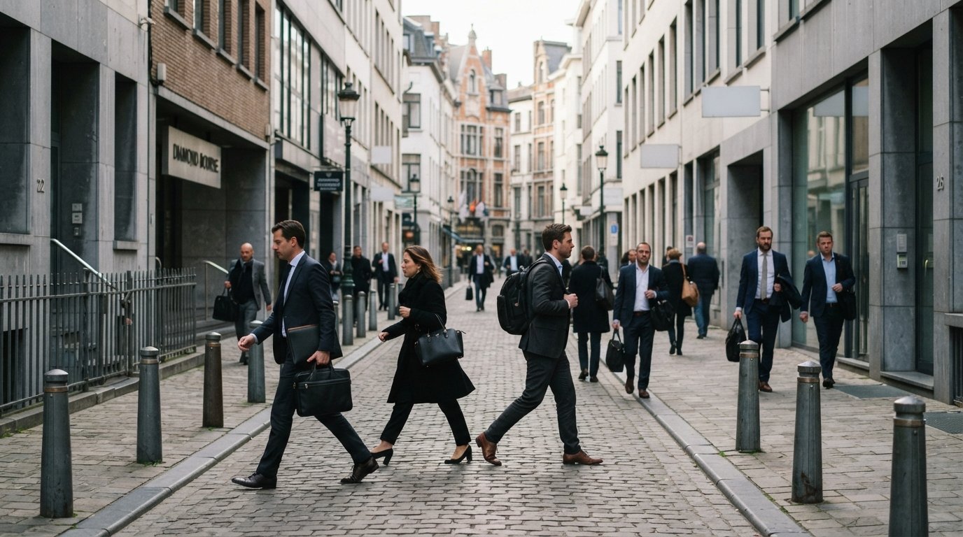 Hoveniersstraat in Antwerp’s Diamond Quarter on a weekday morning, plain office fronts, security bollards and hurried traders moving between bourses