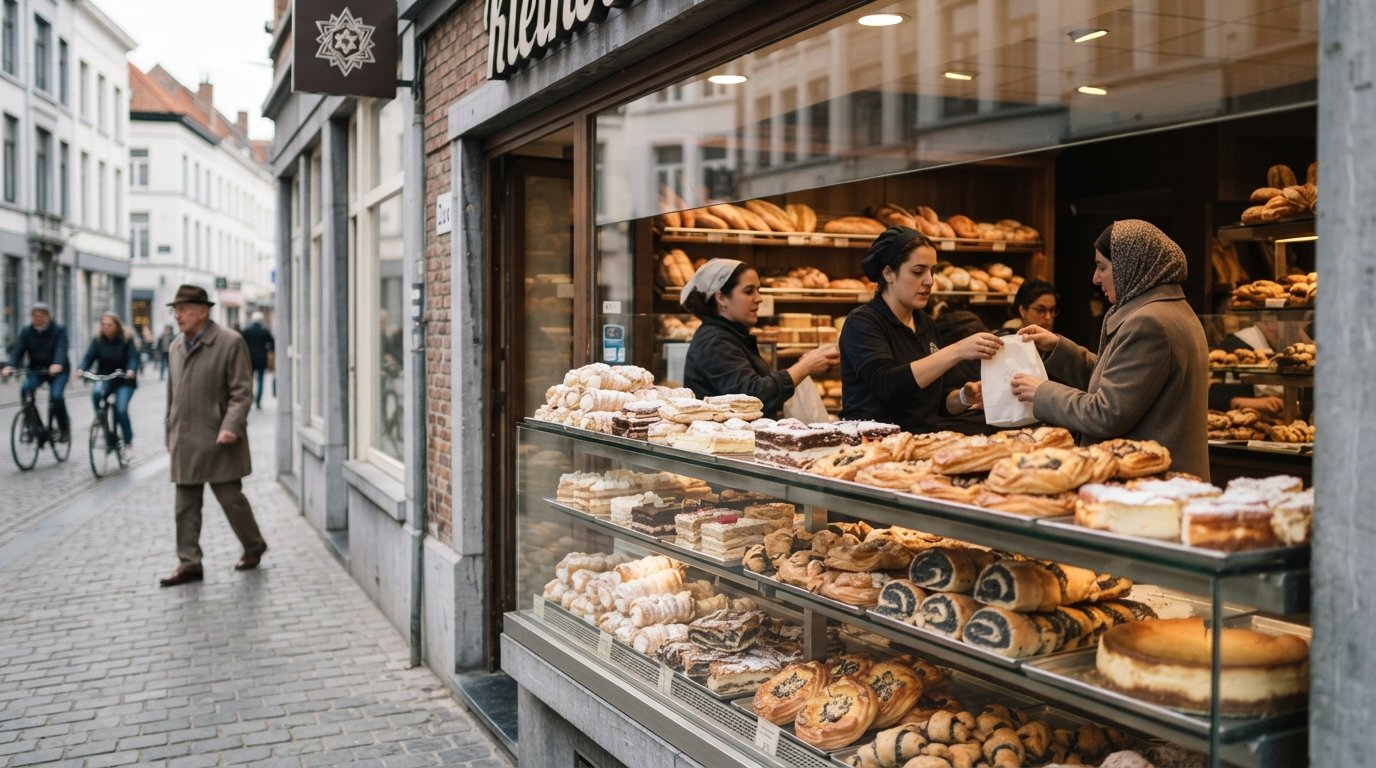 Kleinblatt on Provinciestraat, a kosher bakery window with cheesecake, cheese danishes and Eastern European pastries stacked for takeaway
