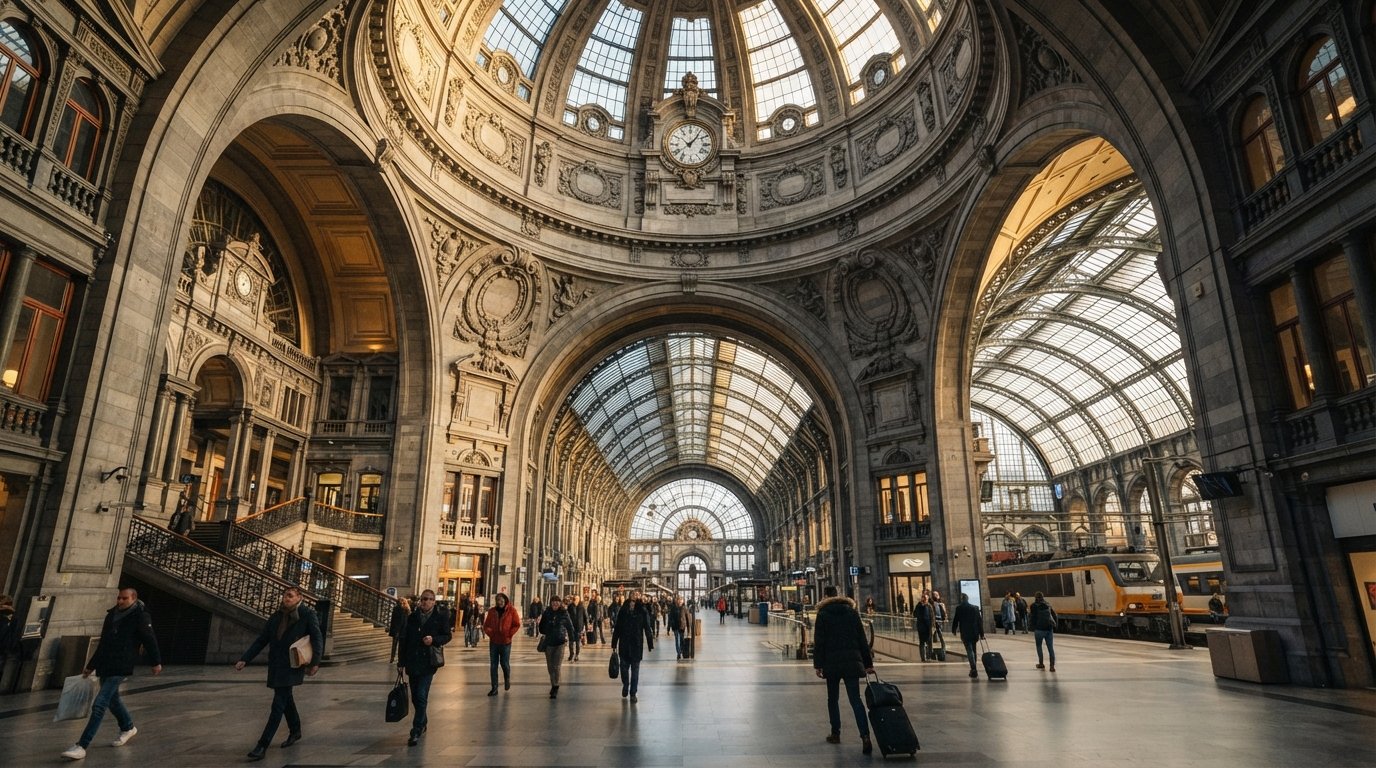 Antwerp-Centraal’s stone dome hall in early morning light, with the grand ticket hall and iron-and-glass train shed beyond