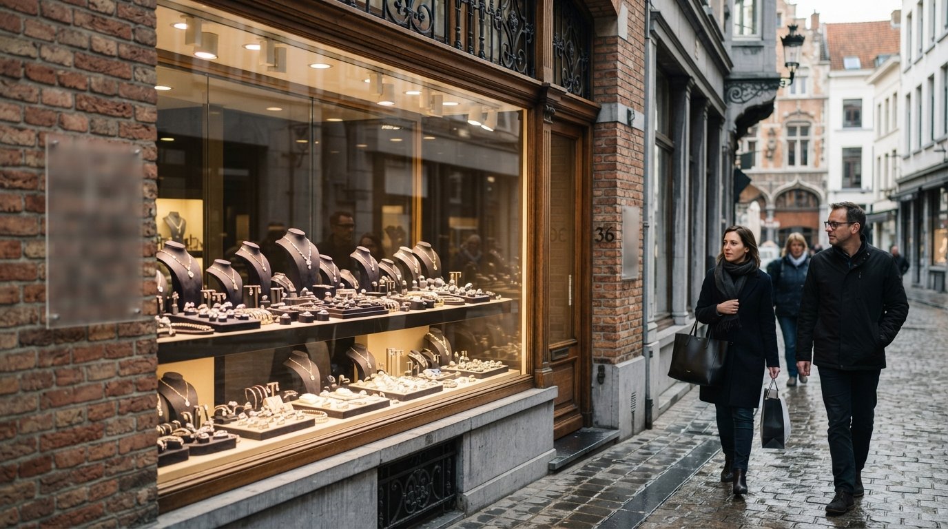 the window of Diamond Blue on a diamond-street frontage, 18-carat gold and gemstone pieces displayed under bright retail lighting
