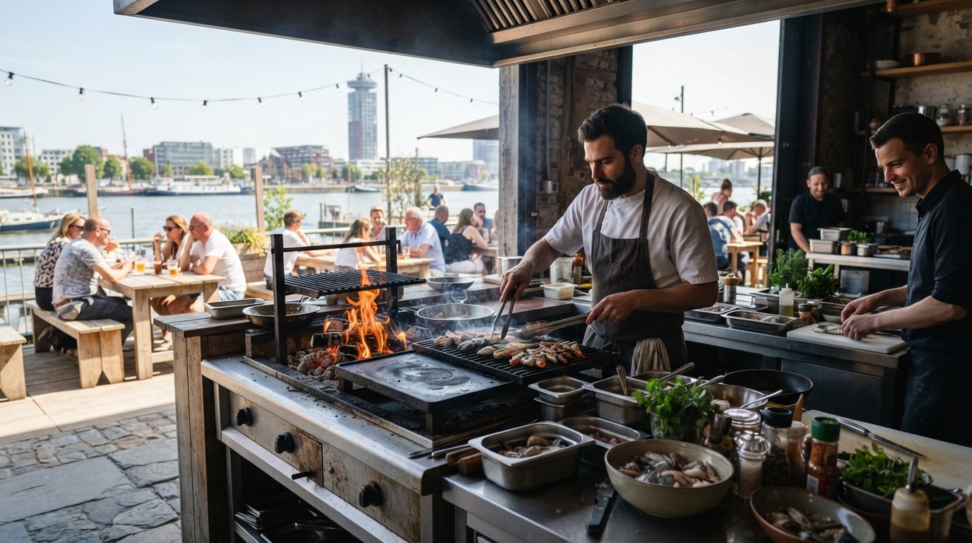 the open-fire seafood counter at Fiskeskur in a former customs shed, with flames, metal surfaces and a sunlit dock terrace beyond