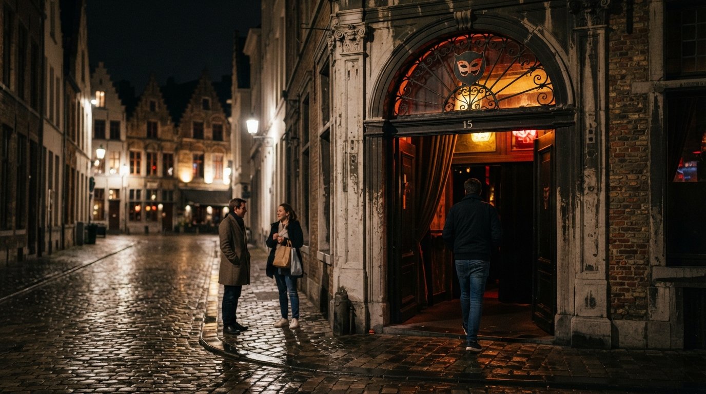 the entrance of Traum at Verversrui 15 at night, club lights glowing from the former Café d'Anvers doorway on a quiet street