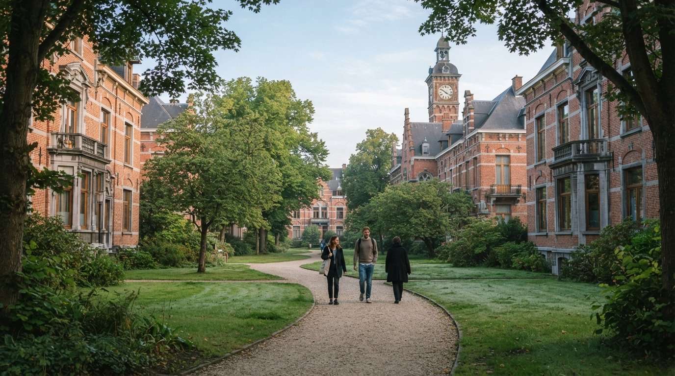 the restored red-brick hospital buildings and tree-lined lawns of Groenkwartier in soft morning light, with a quiet path running between the pavilions