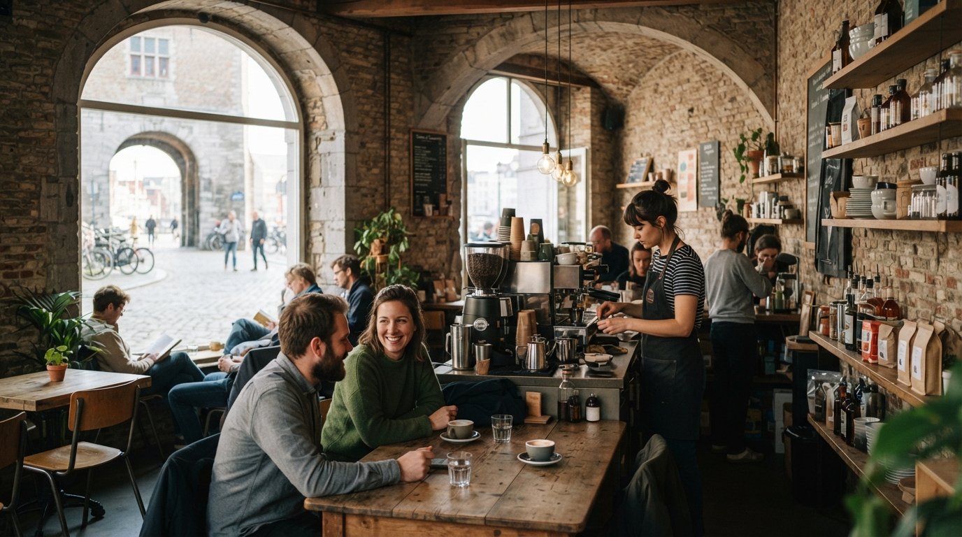 the light-filled interior of Camion & Camionette in the Poortgebouw gatehouse, with daytime coffee service and a calm neighbourhood-café feel