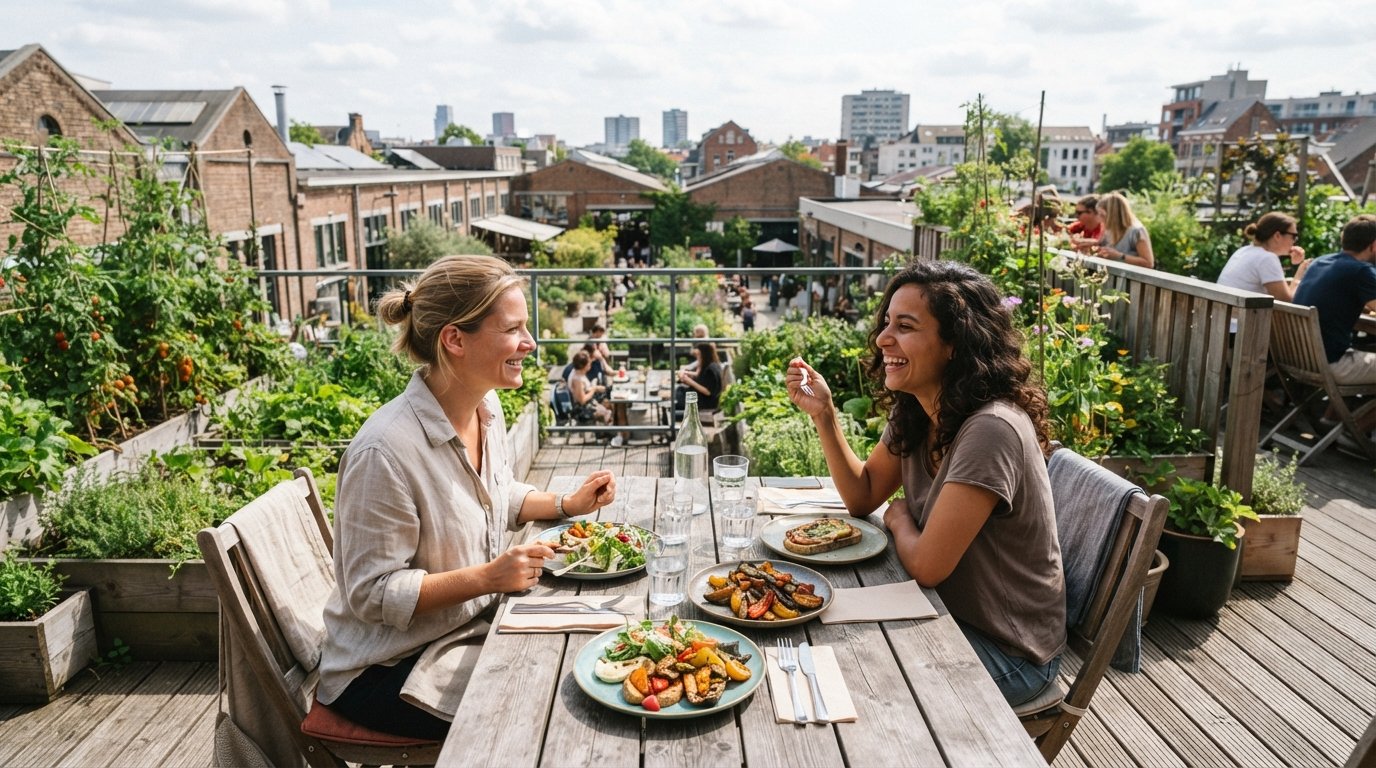 the rooftop-garden-fed terrace at RACINE PAKT, with lunch plates on the table and greenery visible above the warehouse yard
