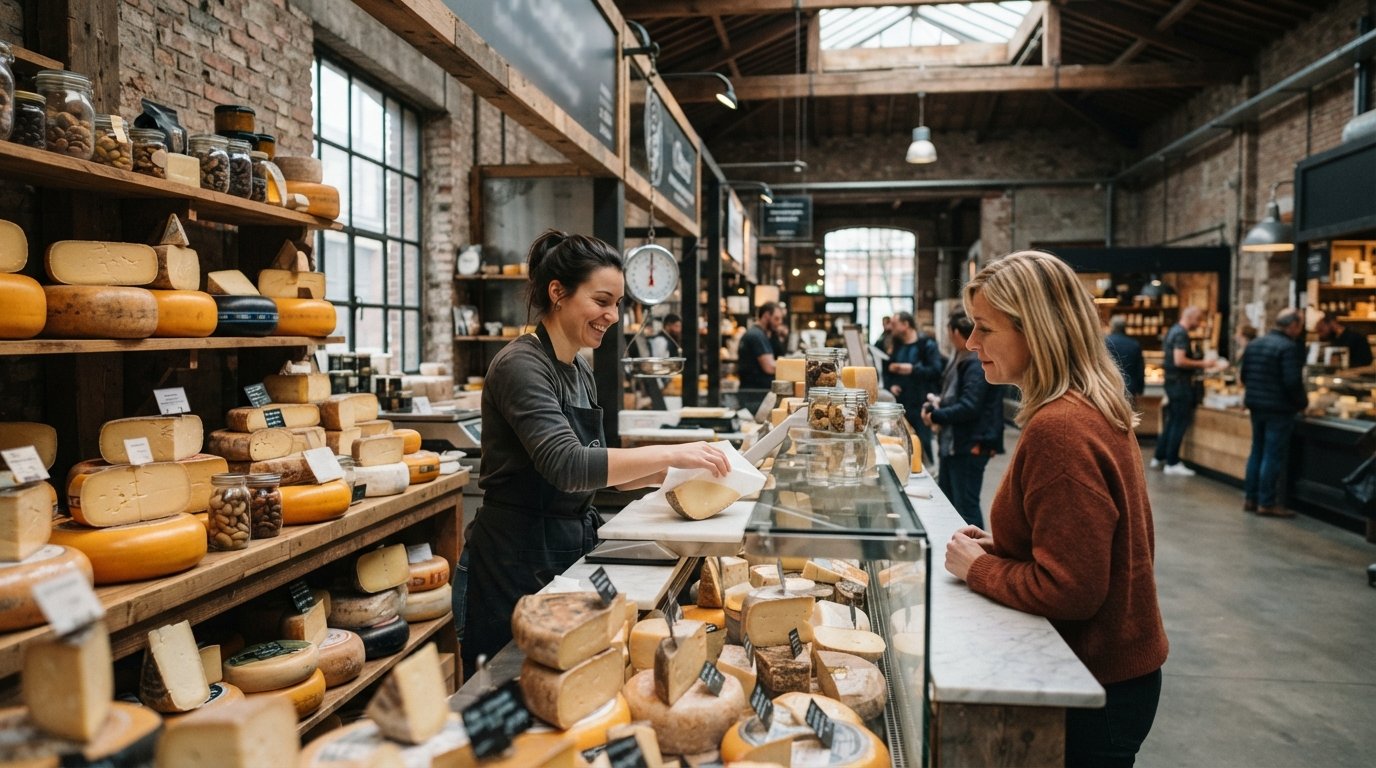 the Only Cheese shop at Boomgaardstraat 1-3 inside the De Koninck brewery complex, with cheeses displayed in the old artisan food hall