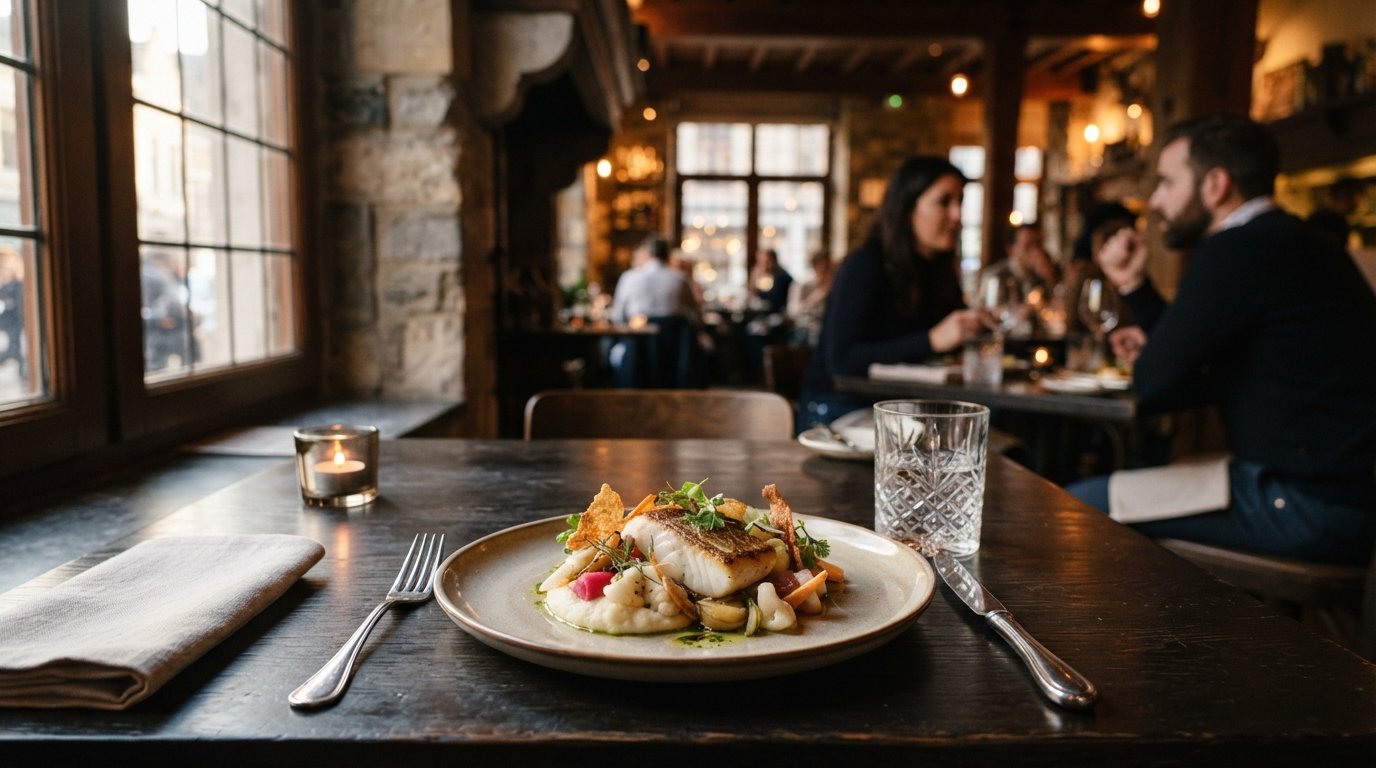 a refined plated dish at Kommilfoo on a dark table, precise fine-dining presentation with warm evening light from the window