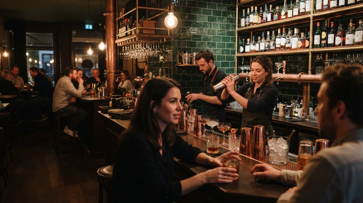 the green-tiled interior of Bar Burbure on Vlaamsekaai 41, copper fittings, cocktail glasses and low evening glow