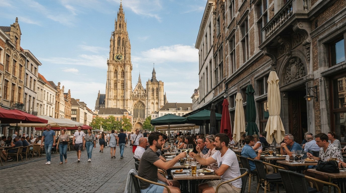 The Cathedral of Our Lady rising above Handschoenmarkt in Antwerp, its Gothic spire framed by the small square and terrace tables in afternoon light