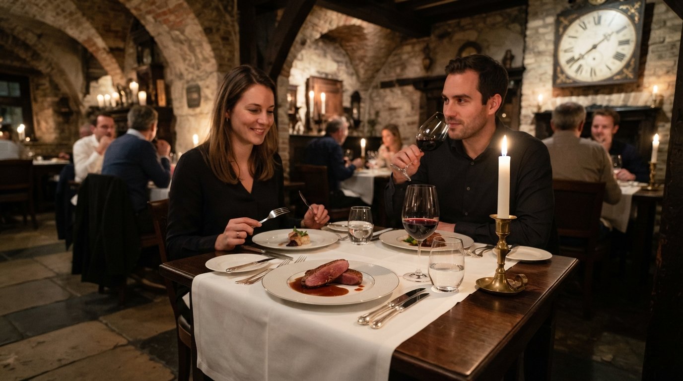 The candlelit dining room at Sir Anthony Van Dijck in the restored 1557 house off Vlaeykensgang, with refined classic French plating on white linen