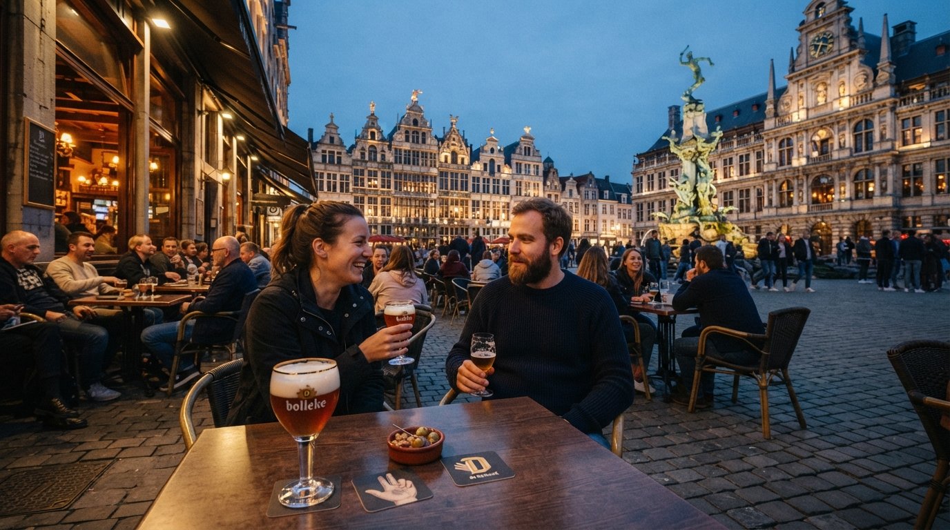 Den Engel on the Grote Markt in Antwerp at dusk, terrace tables facing the Brabo Fountain and a bolleke of De Koninck amber ale on the table