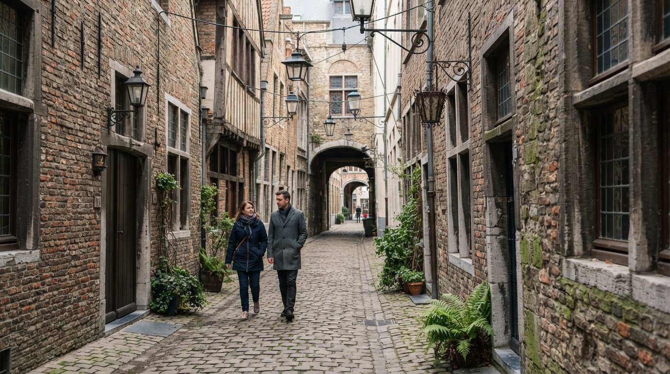 The narrow cobbled Vlaeykensgang alley off Oude Koornmarkt, with brick walls, hanging lanterns and a quiet medieval passage in soft daylight