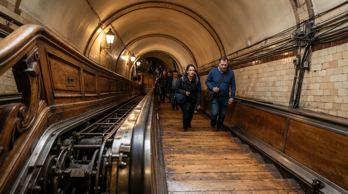 The original 1933 wooden escalators at the Sint-Annatunnel entrance in St-Jansvliet, descending toward the Scheldt with warm light on varnished wood