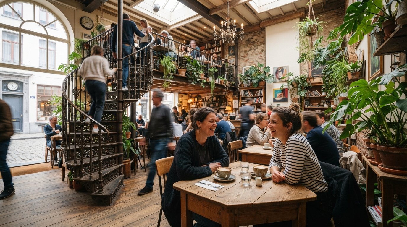 the plant-filled interior of Dansing Chocola on Kloosterstraat, spiral staircase to the mezzanine and coffee cups on a high-ceilinged corner table