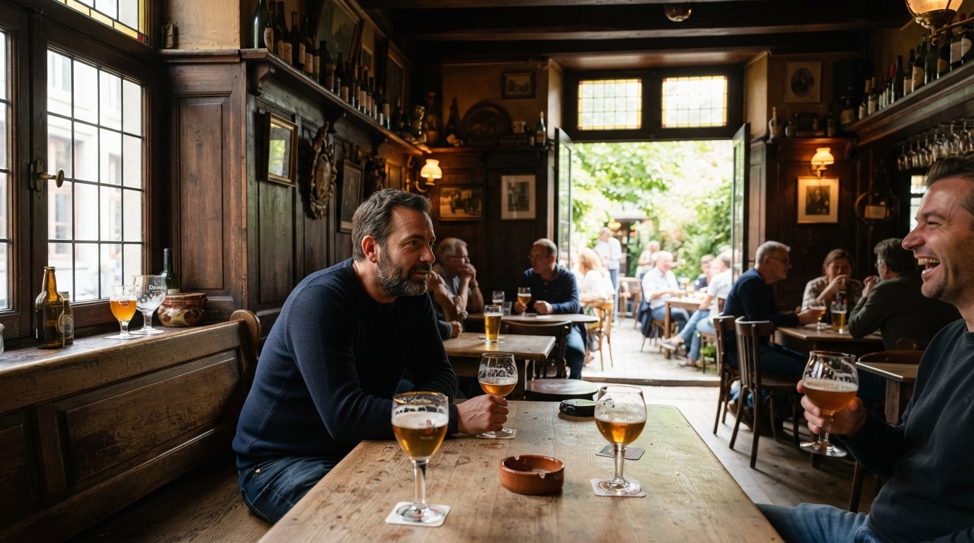 Heilig Huisken’s 17th-century brown café room on Kloosterstraat, dark wood, beer glasses and the back garden terrace glimpsed through the rear door
