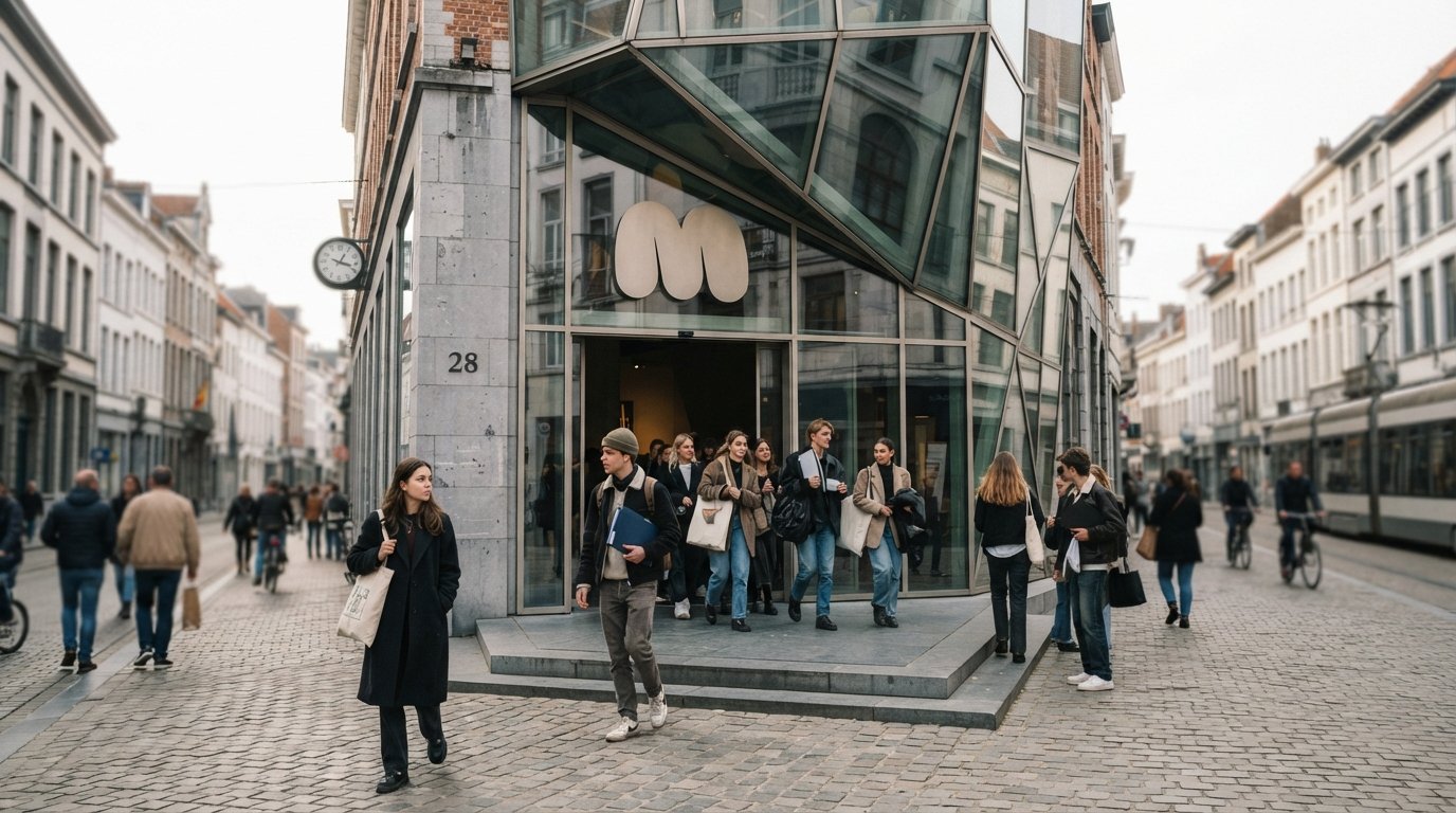 the façade of MoMu Fashion Museum on Nationalestraat 28, contemporary museum frontage with fashion students and visitors arriving under soft daylight