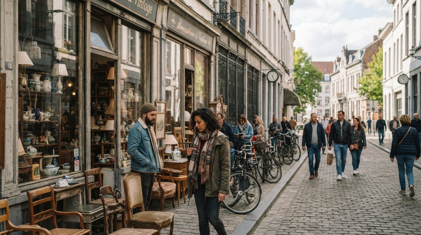 Kloosterstraat storefronts in Sint-Andries with brocante furniture and design objects visible through the windows, a browsing street scene in soft afternoon light