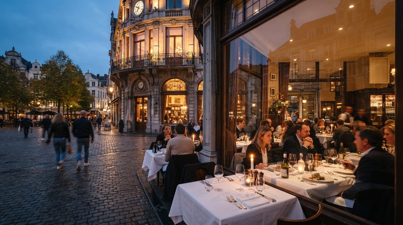 Cafe Restaurant Bourla on the Graanmarkt in early evening light, elegant brasserie tables set for pre-theatre diners behind the windows