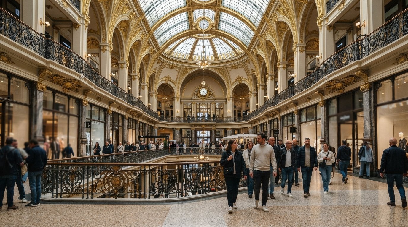 the gold-leaf and glass-domed interior of Stadsfeestzaal on the Meir, shoppers moving beneath the restored festival-hall ceiling