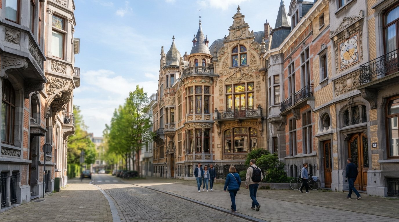 the ornate façades of Cogels-Osylei in Antwerp, with turreted townhouses, floral stonework and stained glass seen from street level on a bright day