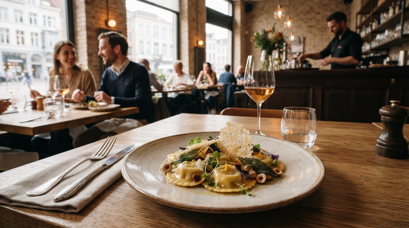 a refined tasting-menu plate at Materia on Dageraadplaats, modern Italian fine dining with precise plating and warm restaurant light