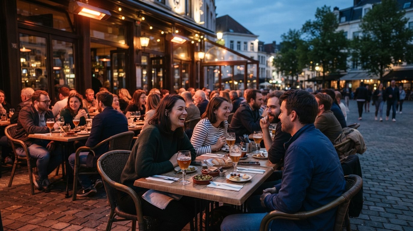 the terrace at Zeezicht on Dageraadplaats at dusk, beer glasses and small tapas plates under warm heated lamps