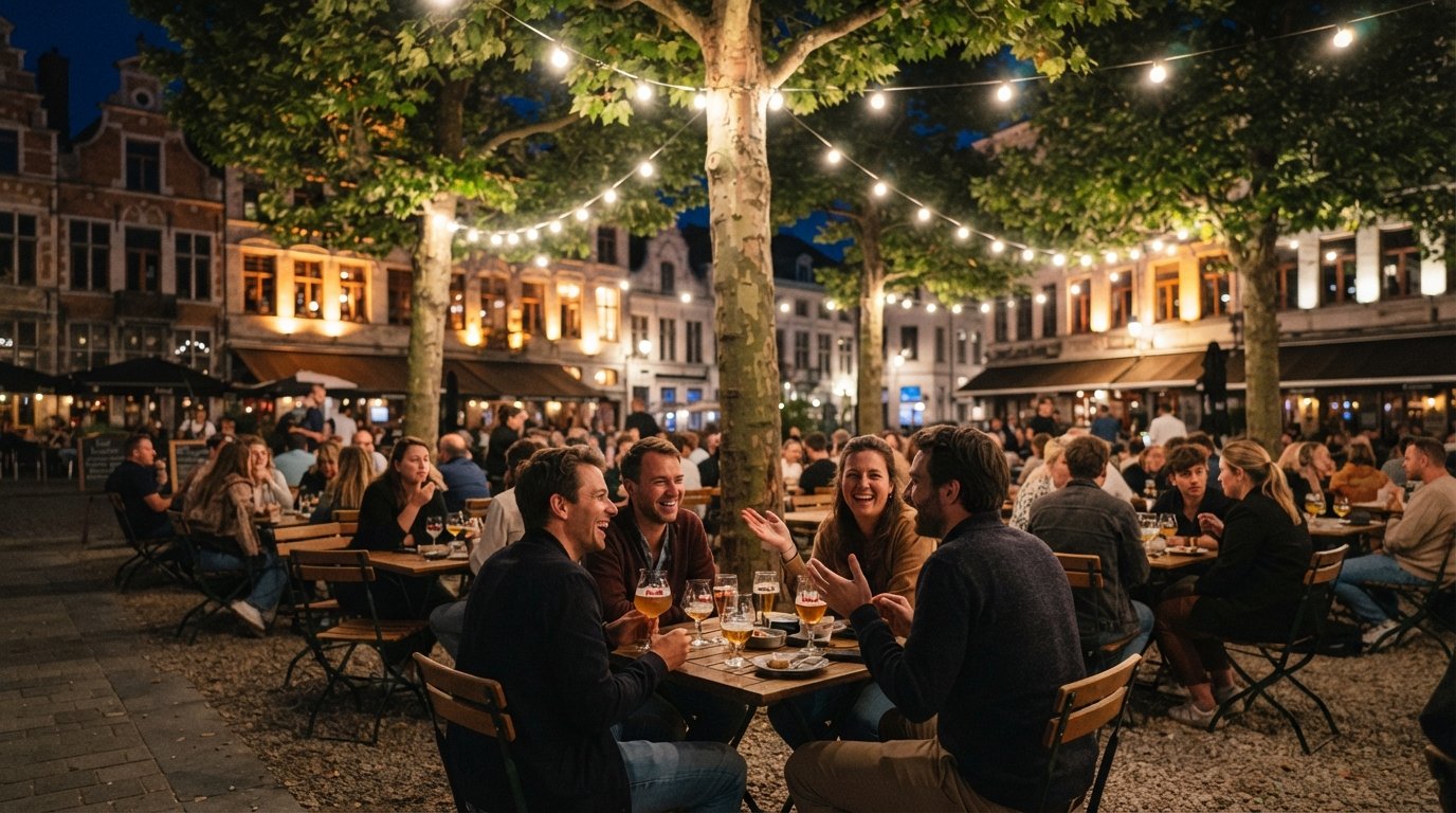 Dageraadplaats at night in Antwerp, string lights glowing over café terraces with locals drinking Belgian beer under the trees