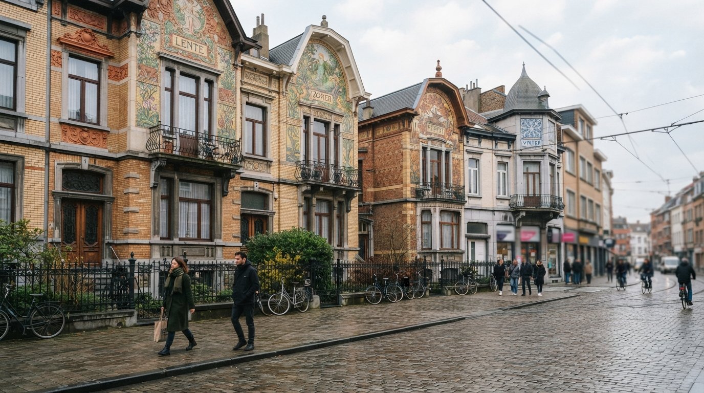 the Four Seasons houses at Waterloostraat and Generaal van Merlenstraat, four corner façades each with a seasonal mosaic in soft daylight